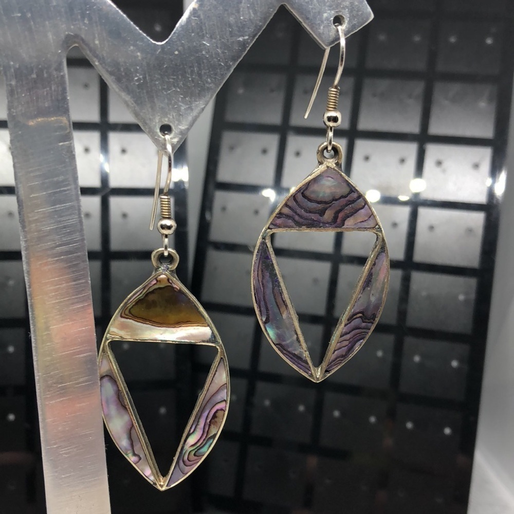 Vintage Alpaca Silver Mexico Abalone Inlay Earrings Dangle Drop Modernist Cutout